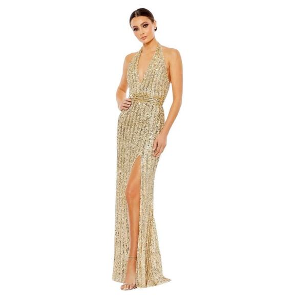 Mac Duggal Dresses & Skirts - Mac Duggal 5759 Gold Sequined Halter Strap Trumpet Gown Size 16 $498